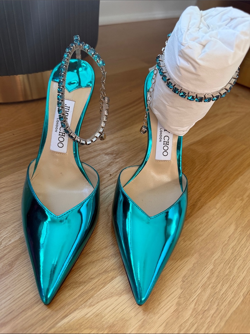 Jimmy Choo Saeda 100 Metallic Teal Pointed Toe Heels with Crystal Anklet - Picture 8 of 16